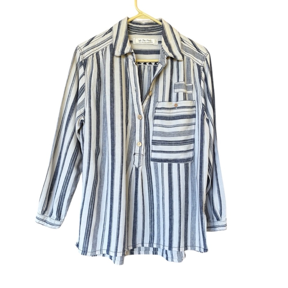 We The Free by Free People Sz S Blue White Striped Linen Blend Button Henley Top